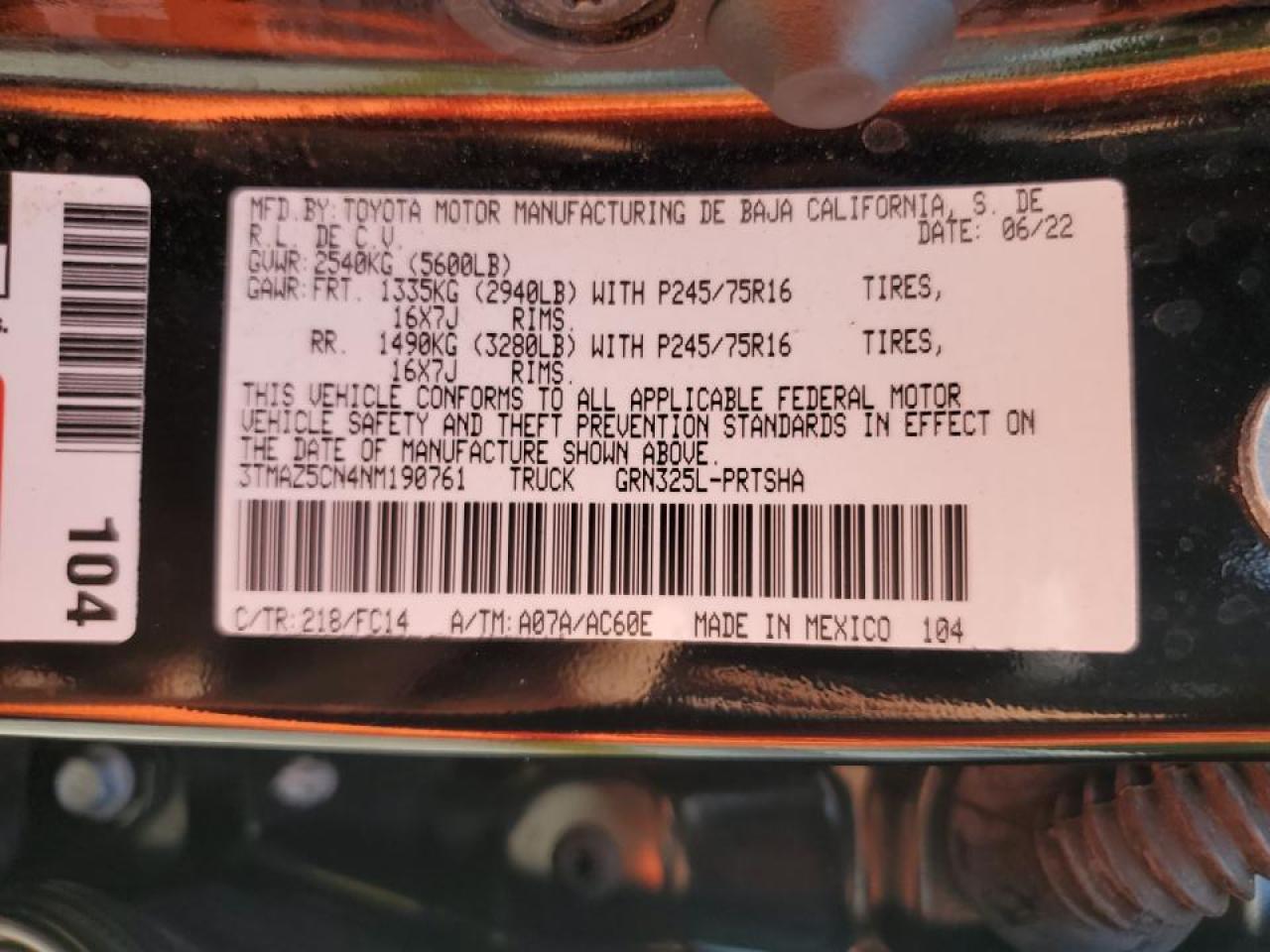 2022 Toyota Tacoma Double Cab VIN: 3TMAZ5CN4NM190761 Lot: 68659664