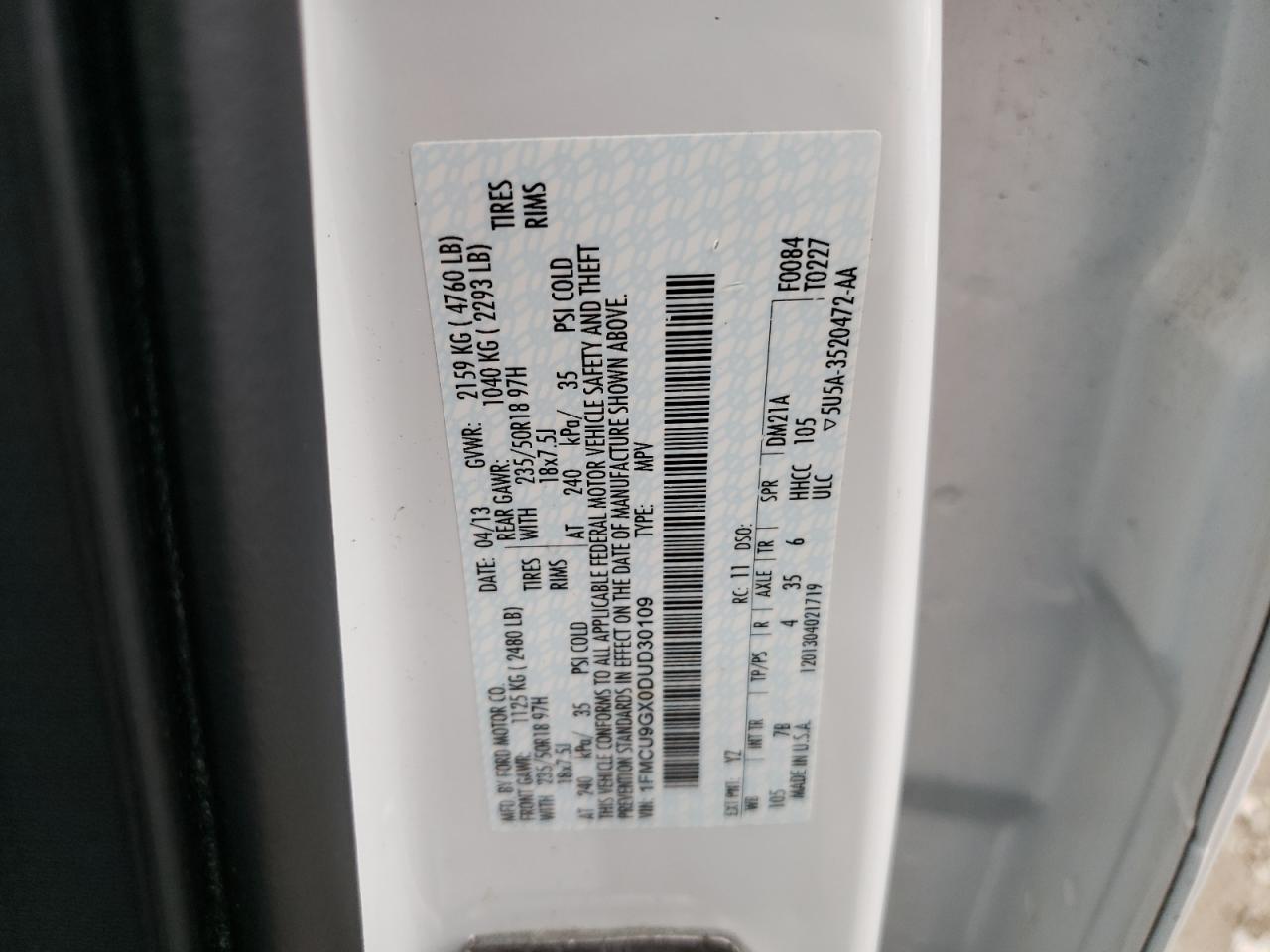 2013 Ford Escape Se VIN: 1FMCU9GX0DUD30109 Lot: 66436764