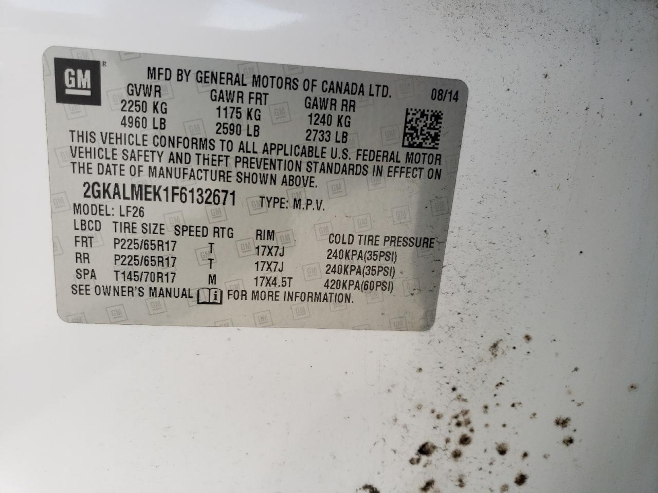 2015 GMC Terrain Sle VIN: 2GKALMEK1F6132671 Lot: 65753114