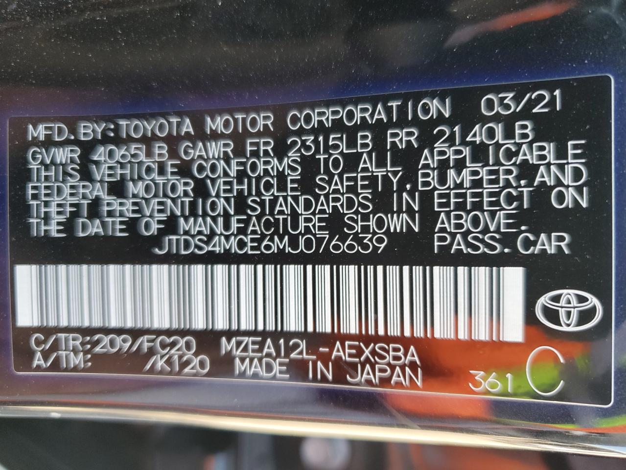 2021 Toyota Corolla Se VIN: JTDS4MCE6MJ076639 Lot: 68301134