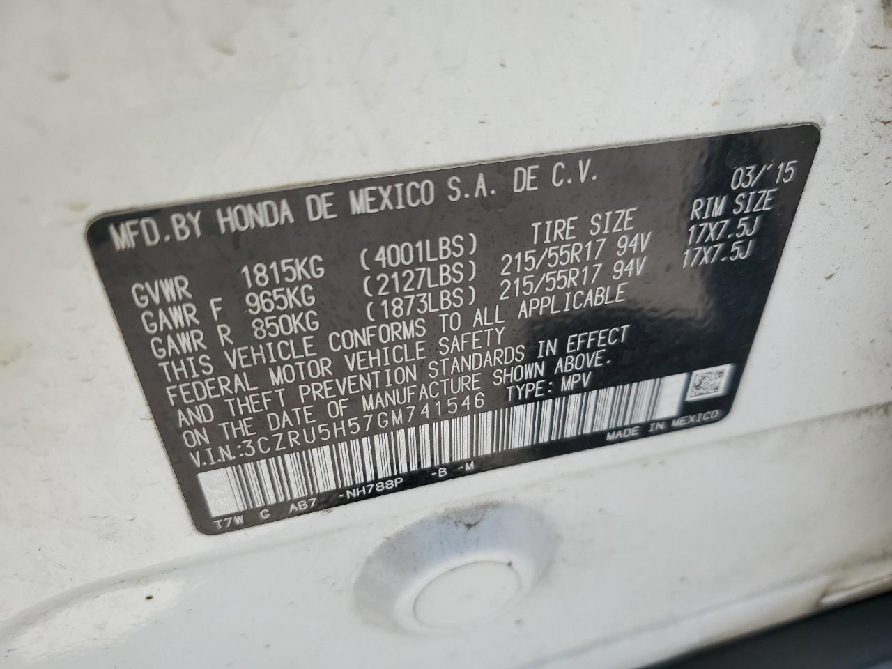 2016 Honda Hr-V Ex VIN: 3CZRU5H57GM741546 Lot: 68535814