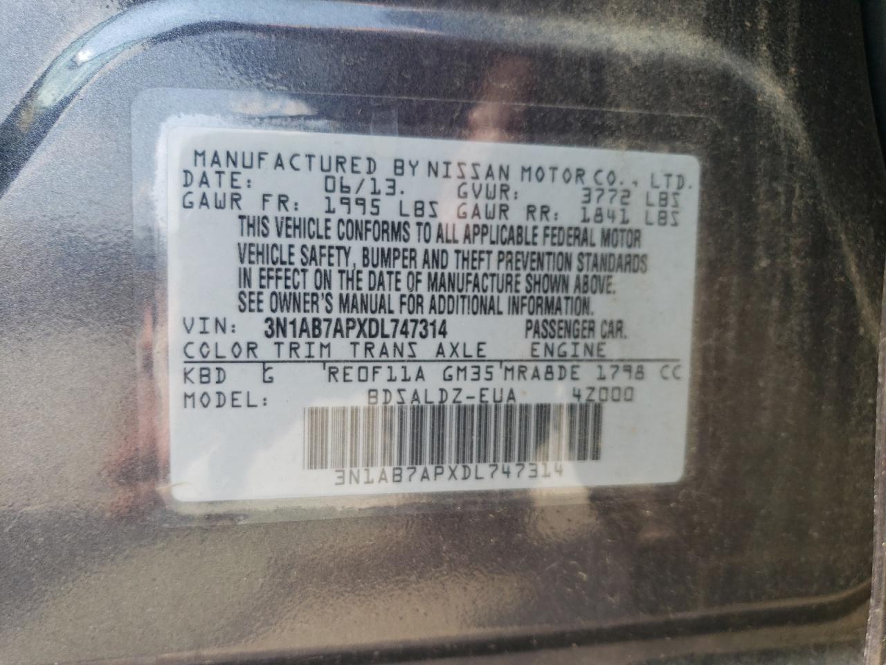 3N1AB7APXDL747314 2013 Nissan Sentra S