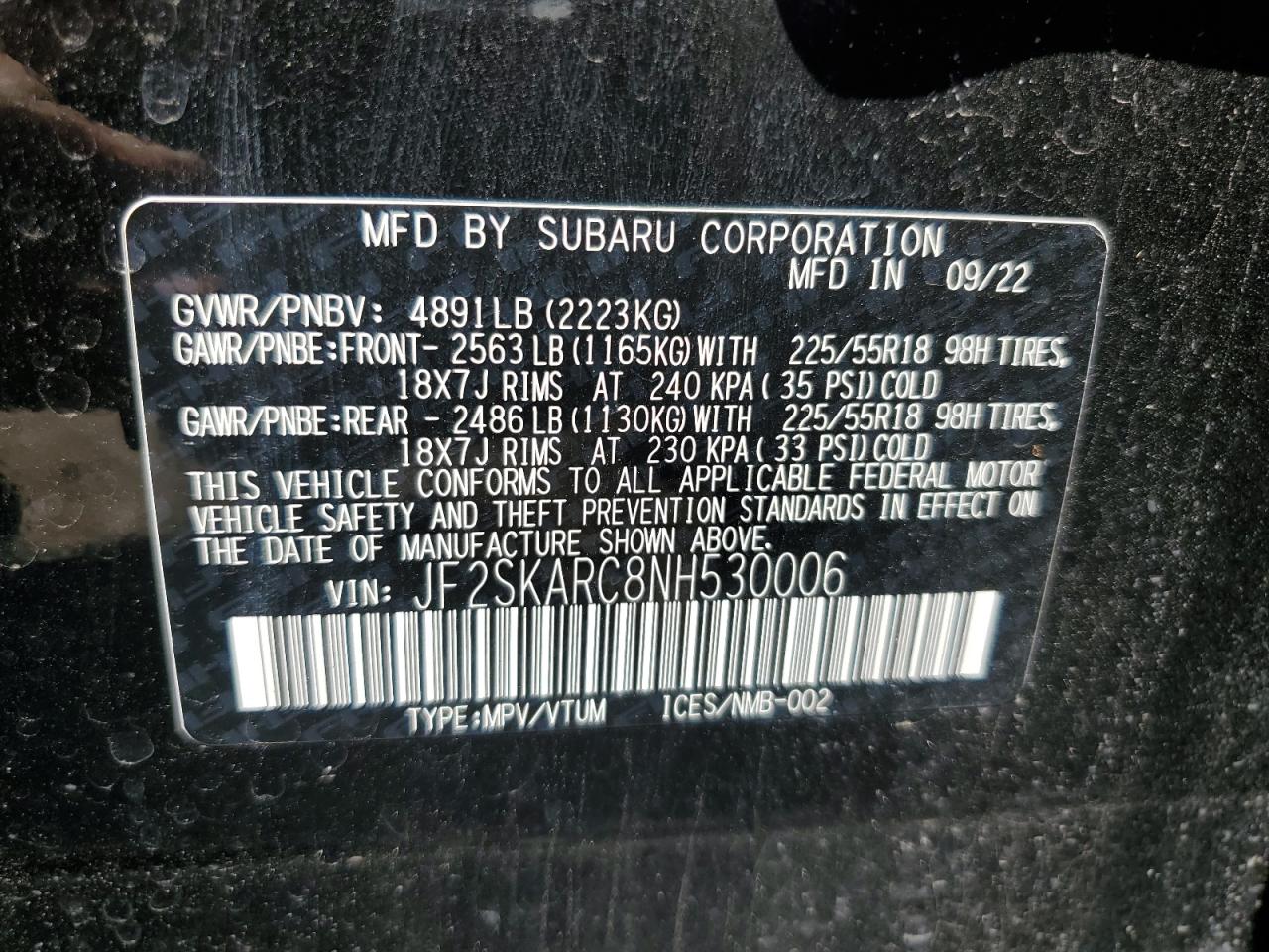 2022 Subaru Forester Touring VIN: JF2SKARC8NH530006 Lot: 66002194