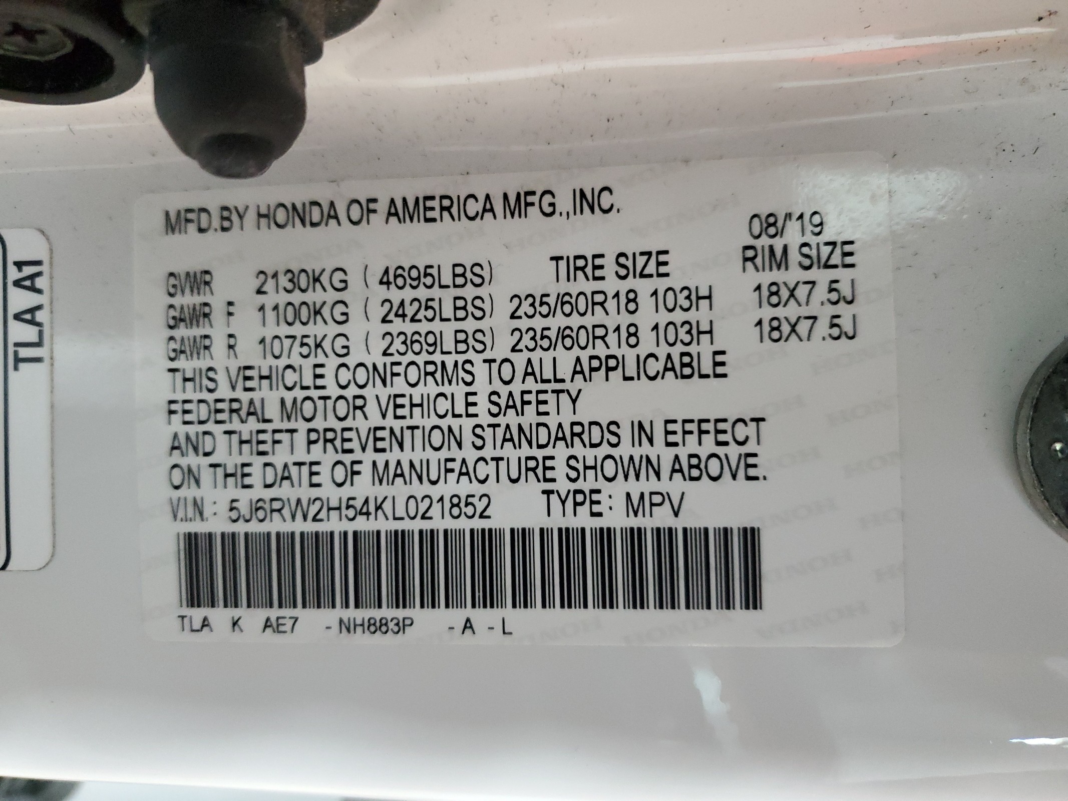 5J6RW2H54KL021852 2019 Honda Cr-V Ex