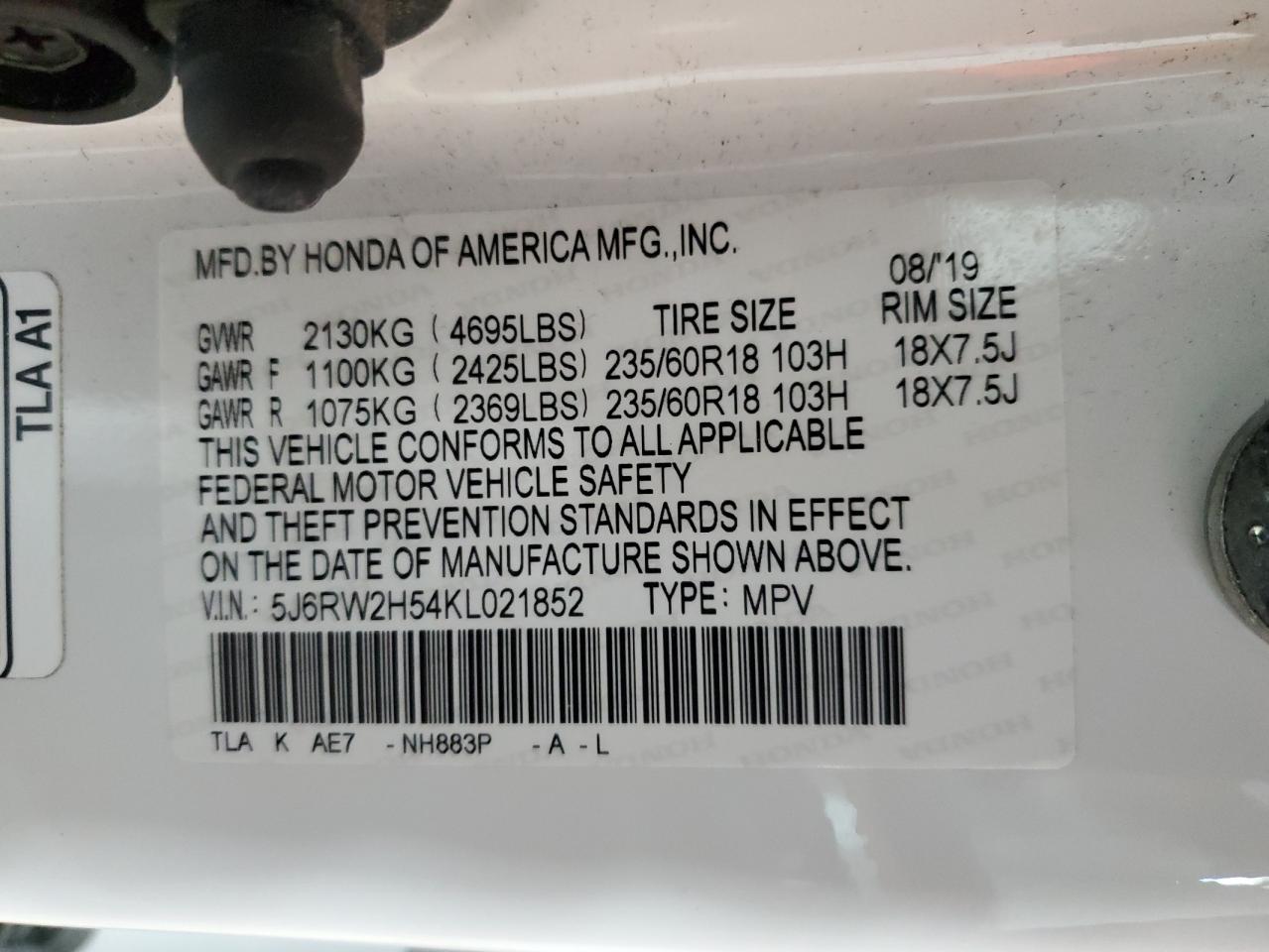 2019 Honda Cr-V Ex VIN: 5J6RW2H54KL021852 Lot: 66726154
