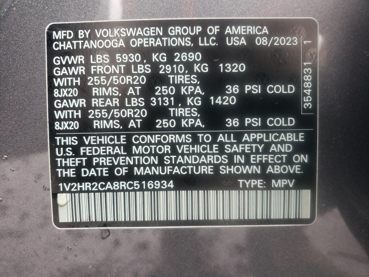 2024 Volkswagen Atlas Se VIN: 1V2HR2CA8RC516934 Lot: 66942814