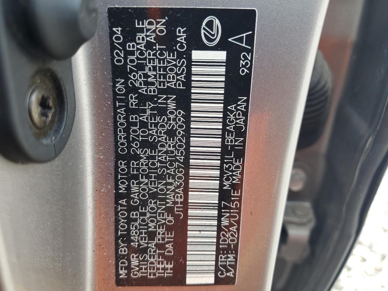 2004 Lexus Es 330 VIN: JTHBA30G745029099 Lot: 65776814