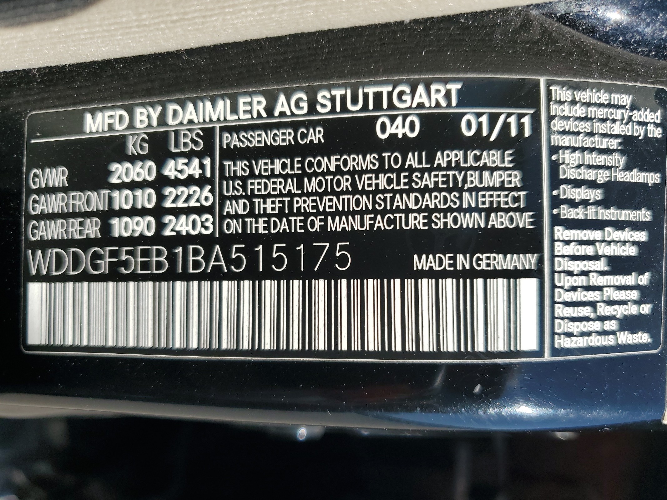 WDDGF5EB1BA515175 2011 Mercedes-Benz C 300