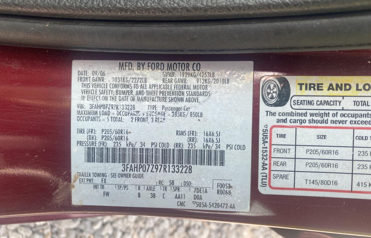 2007 Ford Fusion Se VIN: 3FAHP07Z97R133228 Lot: 67897394