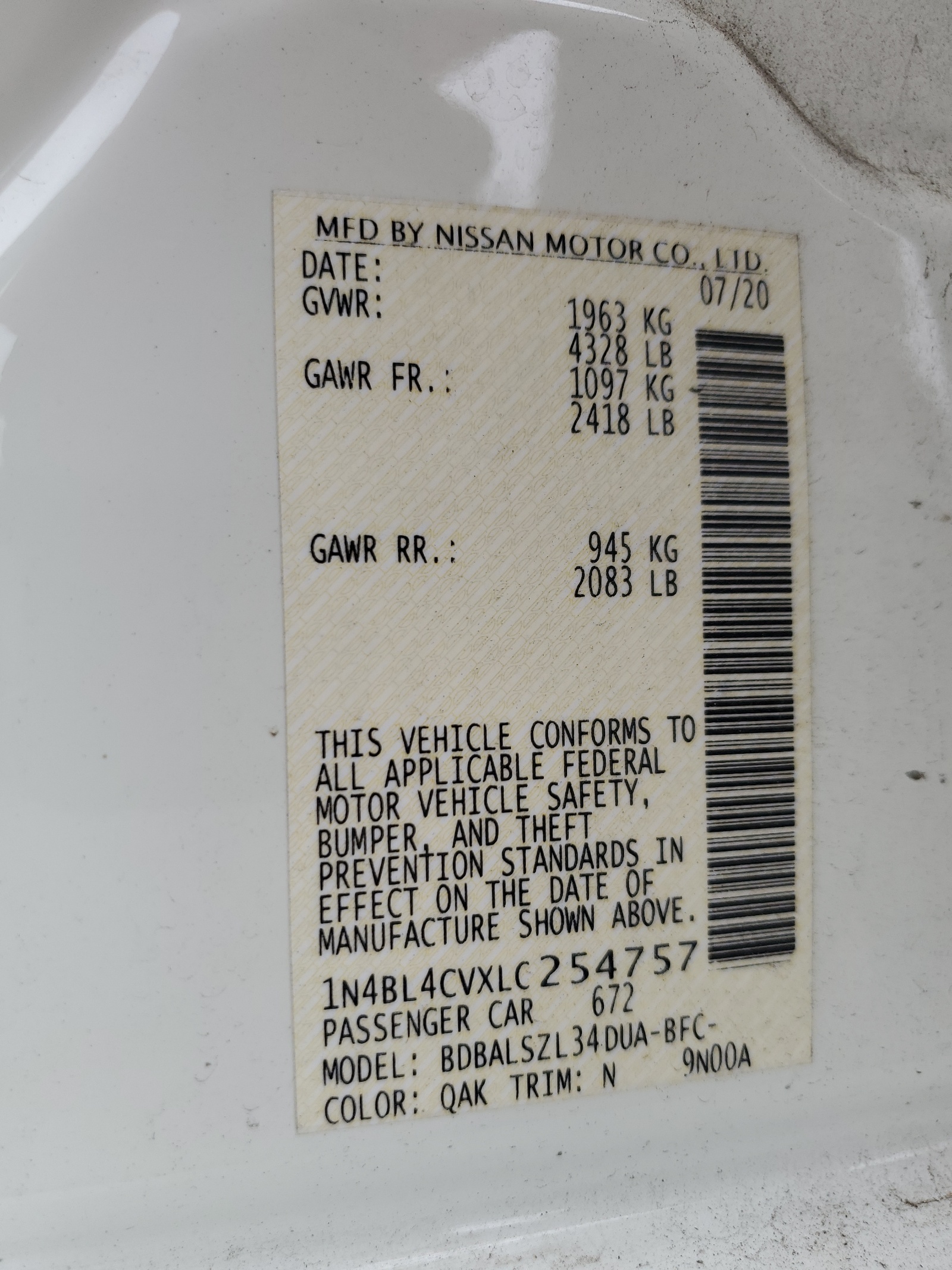 1N4BL4CVXLC254757 2020 Nissan Altima Sr 1N4BL4CVXLC254757 2020 Nissan Altima Sr