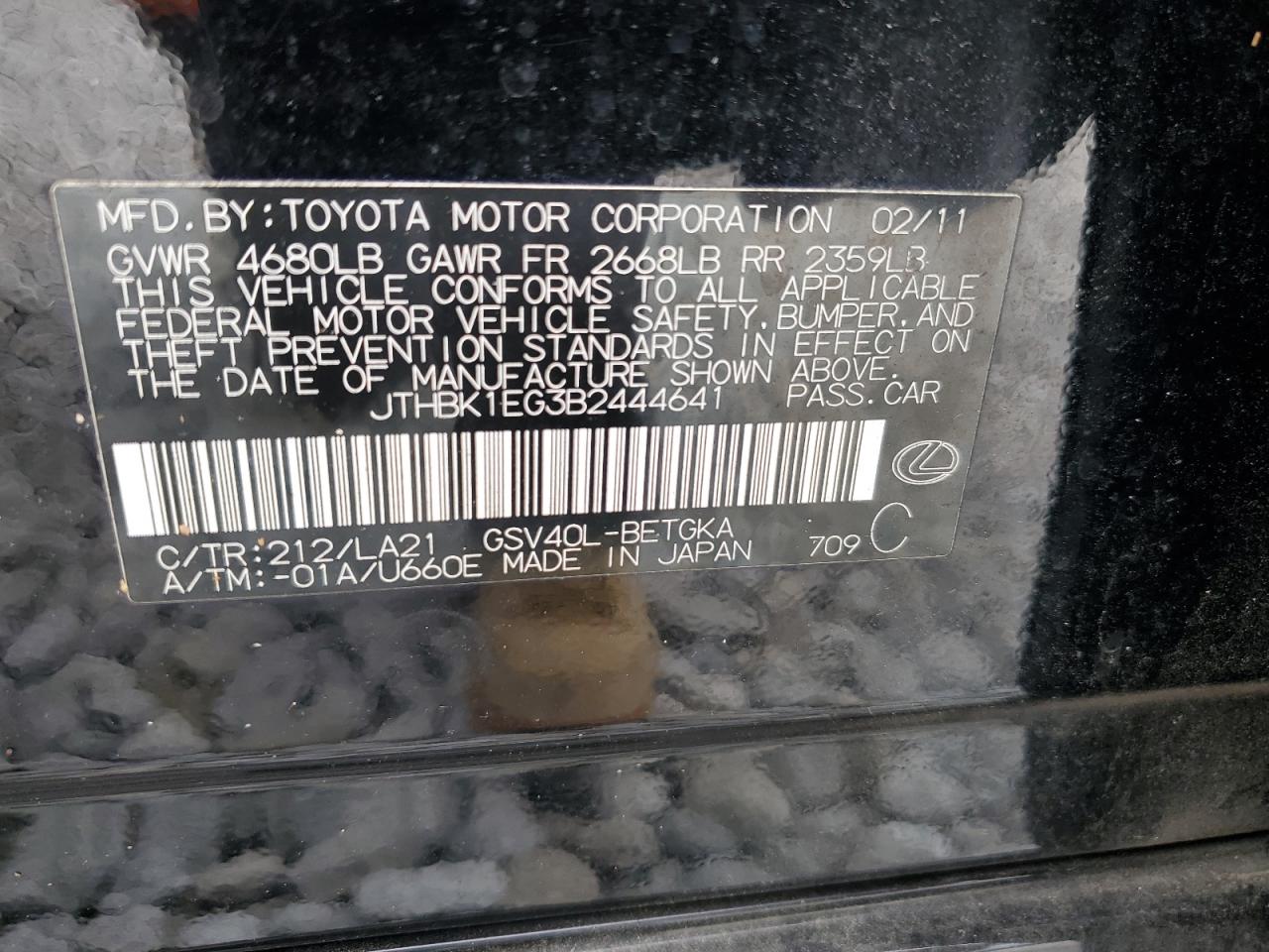 2011 Lexus Es 350 VIN: JTHBK1EG3B2444641 Lot: 68125174