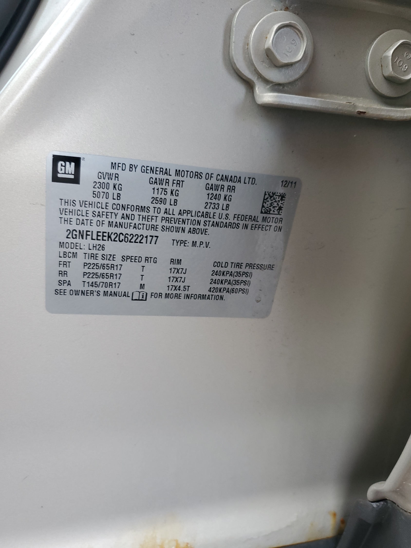 2GNFLEEK2C6222177 2012 Chevrolet Equinox Lt