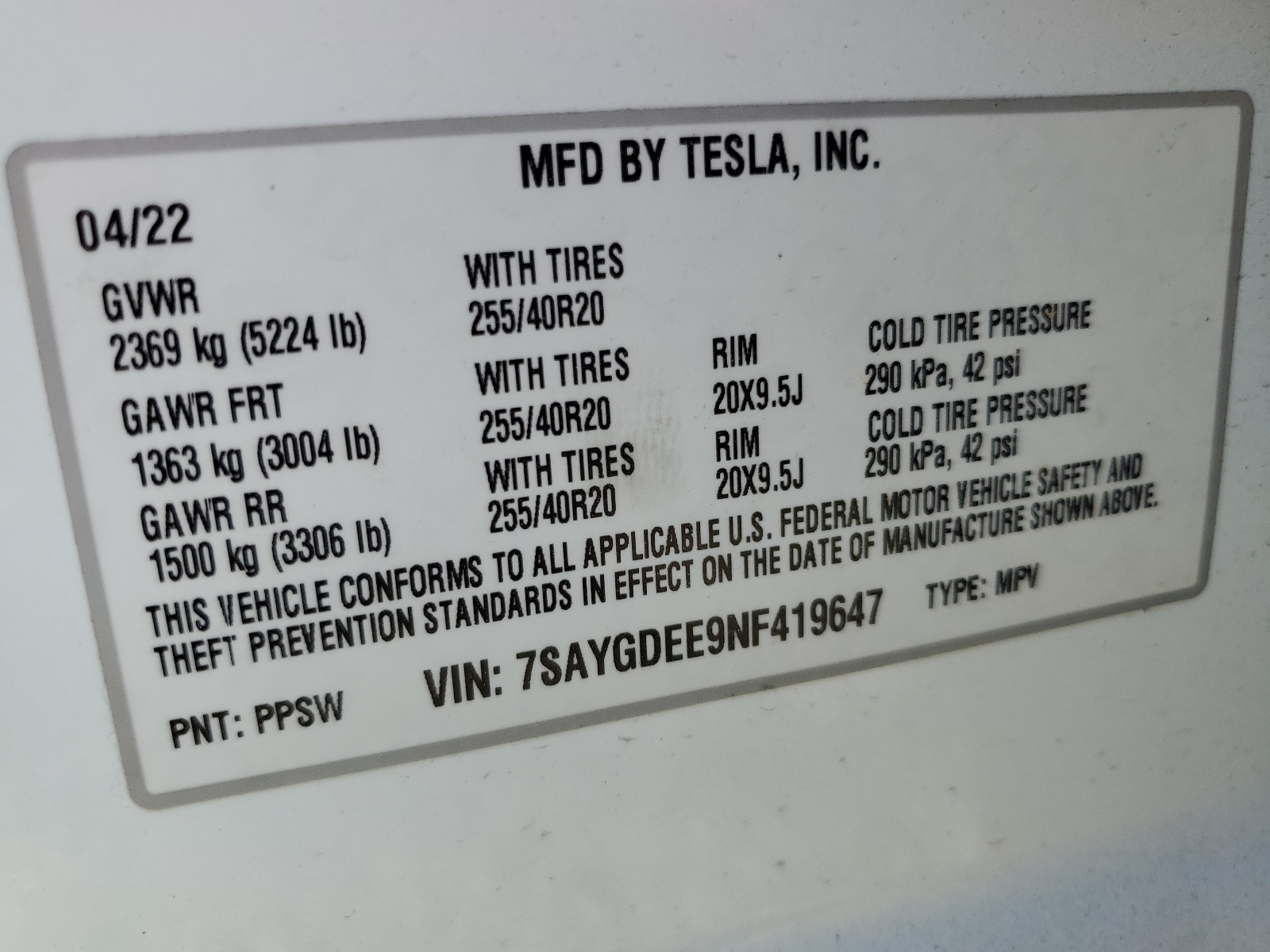 7SAYGDEE9NF419647 2022 Tesla Model Y