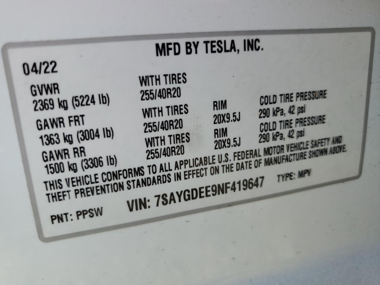 2022 Tesla Model Y VIN: 7SAYGDEE9NF419647 Lot: 67475624