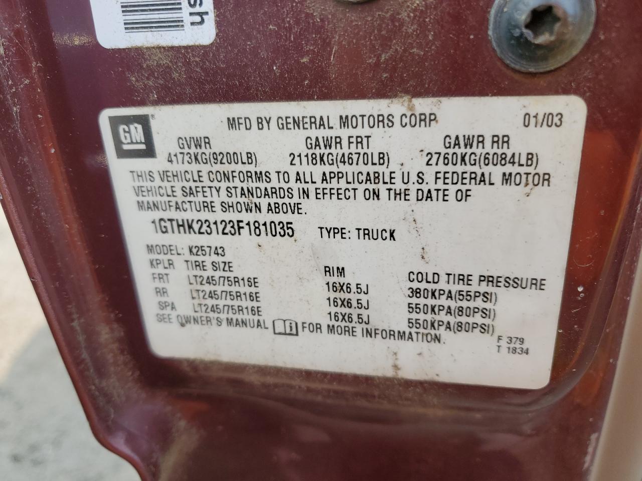 2003 GMC Sierra K2500 Heavy Duty VIN: 1GTHK23123F181035 Lot: 66864344