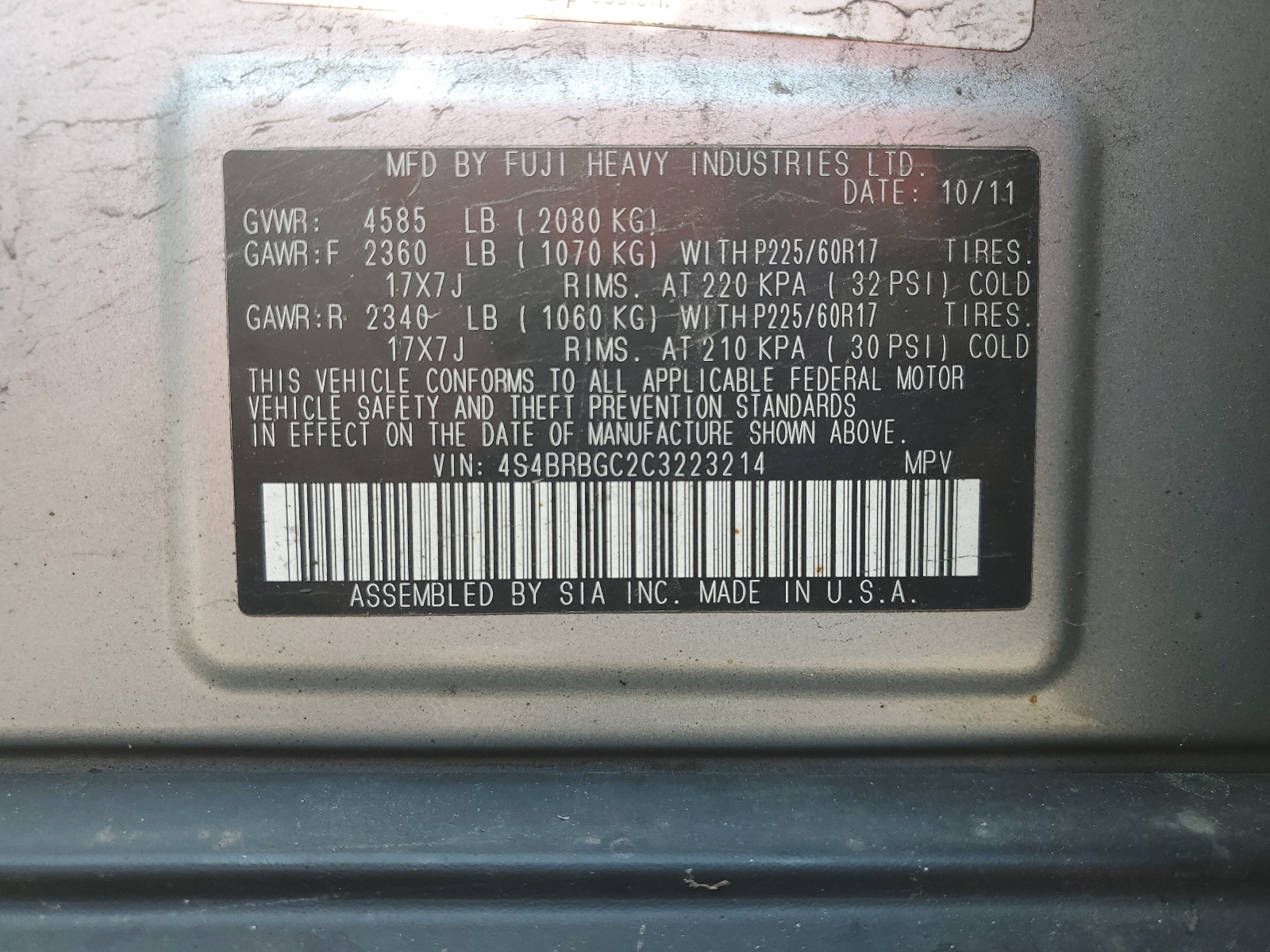 4S4BRBGC2C3223214 2012 Subaru Outback 2.5I Premium