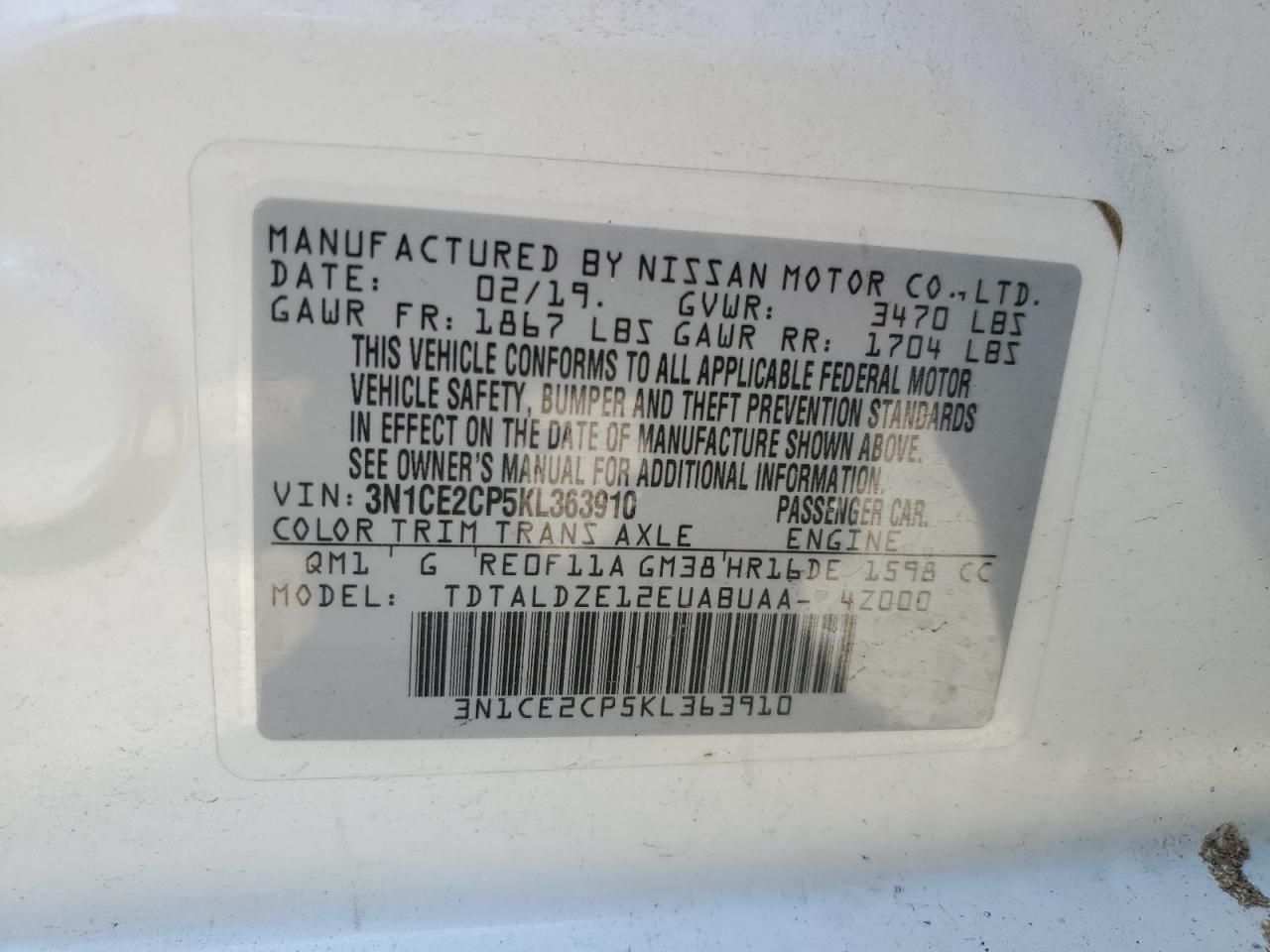 VIN 3N1CE2CP5KL363910 2019 NISSAN VERSA no.12