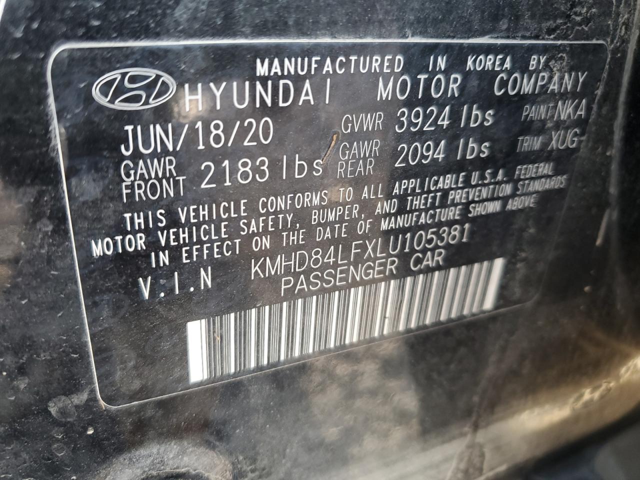 2020 Hyundai Elantra Sel VIN: KMHD84LFXLU105381 Lot: 67314384