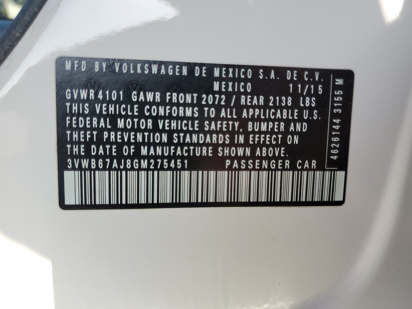 3VWB67AJ8GM275451 2016 Volkswagen Jetta Se