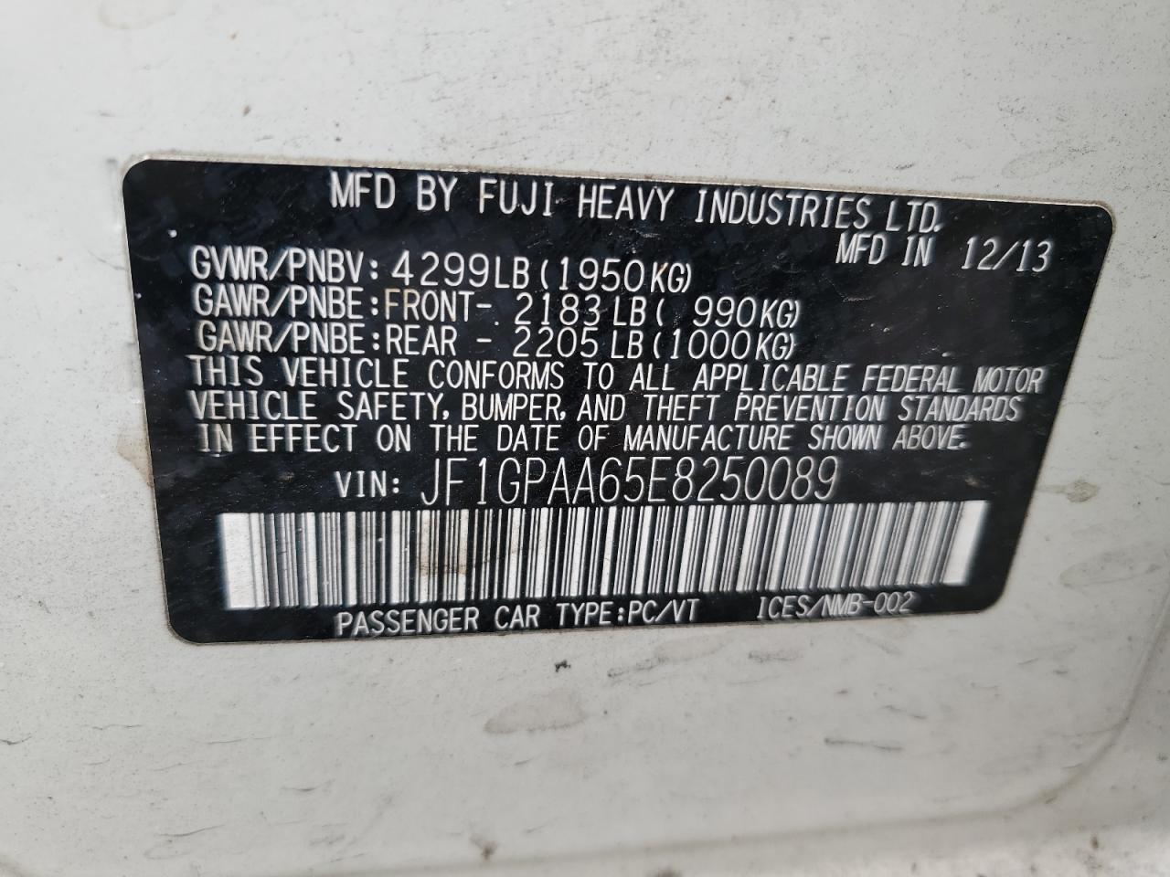 2014 Subaru Impreza VIN: JF1GPAA65E8250089 Lot: 65944214