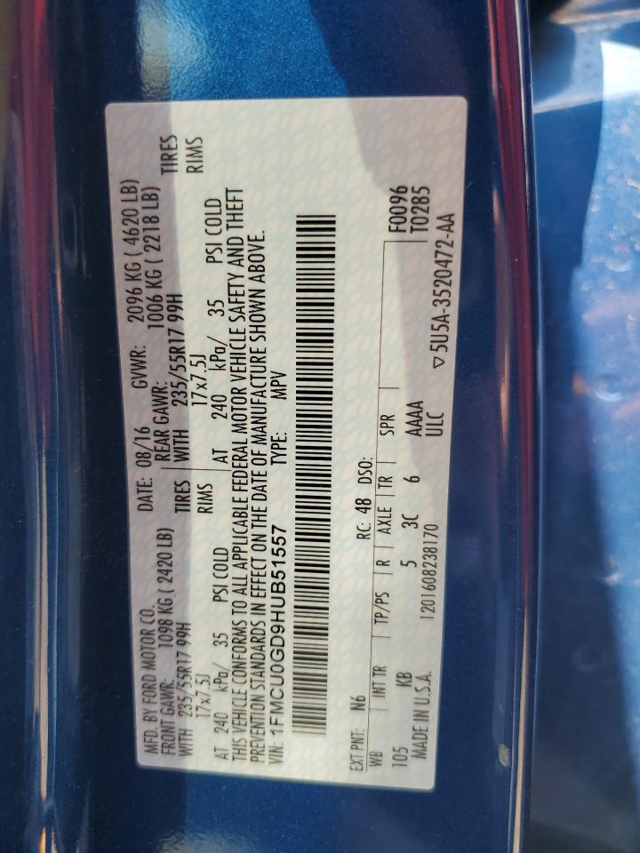 2017 Ford Escape Se VIN: 1FMCU0GD9HUB51557 Lot: 66172584