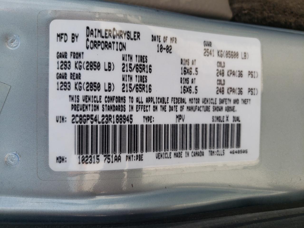 2003 Chrysler Town & Country Lxi VIN: 2C8GP54L23R188945 Lot: 68327634