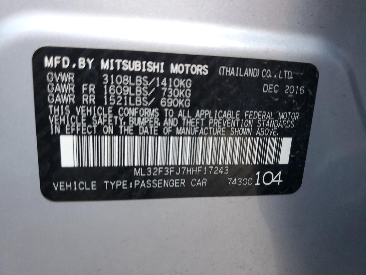 2017 Mitsubishi Mirage G4 Es VIN: ML32F3FJ7HHF17243 Lot: 67411884