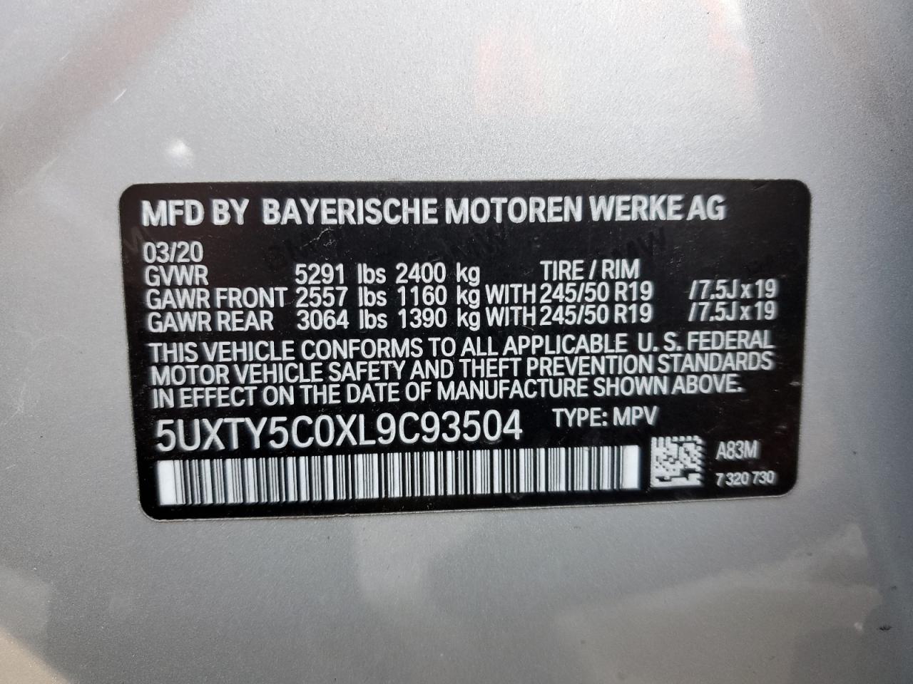2020 BMW X3 xDrive30I VIN: 5UXTY5C0XL9C93504 Lot: 66750164
