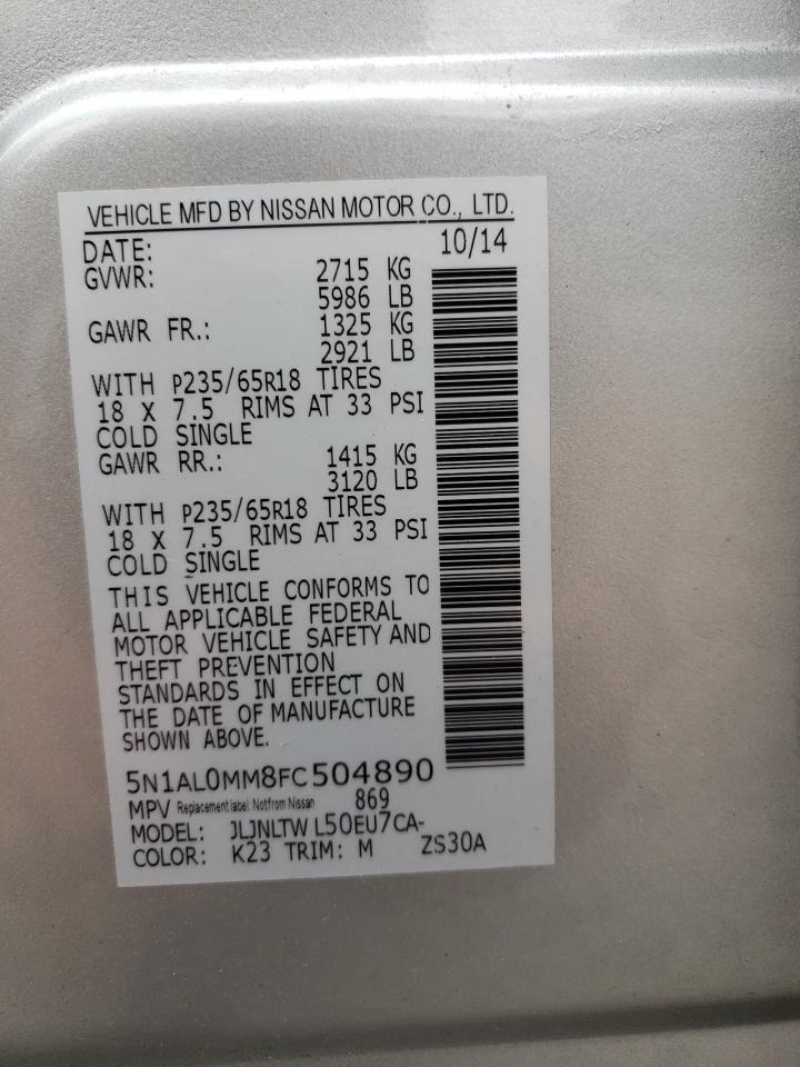 2015 Infiniti Qx60 VIN: 5N1AL0MM8FC504890 Lot: 66566324