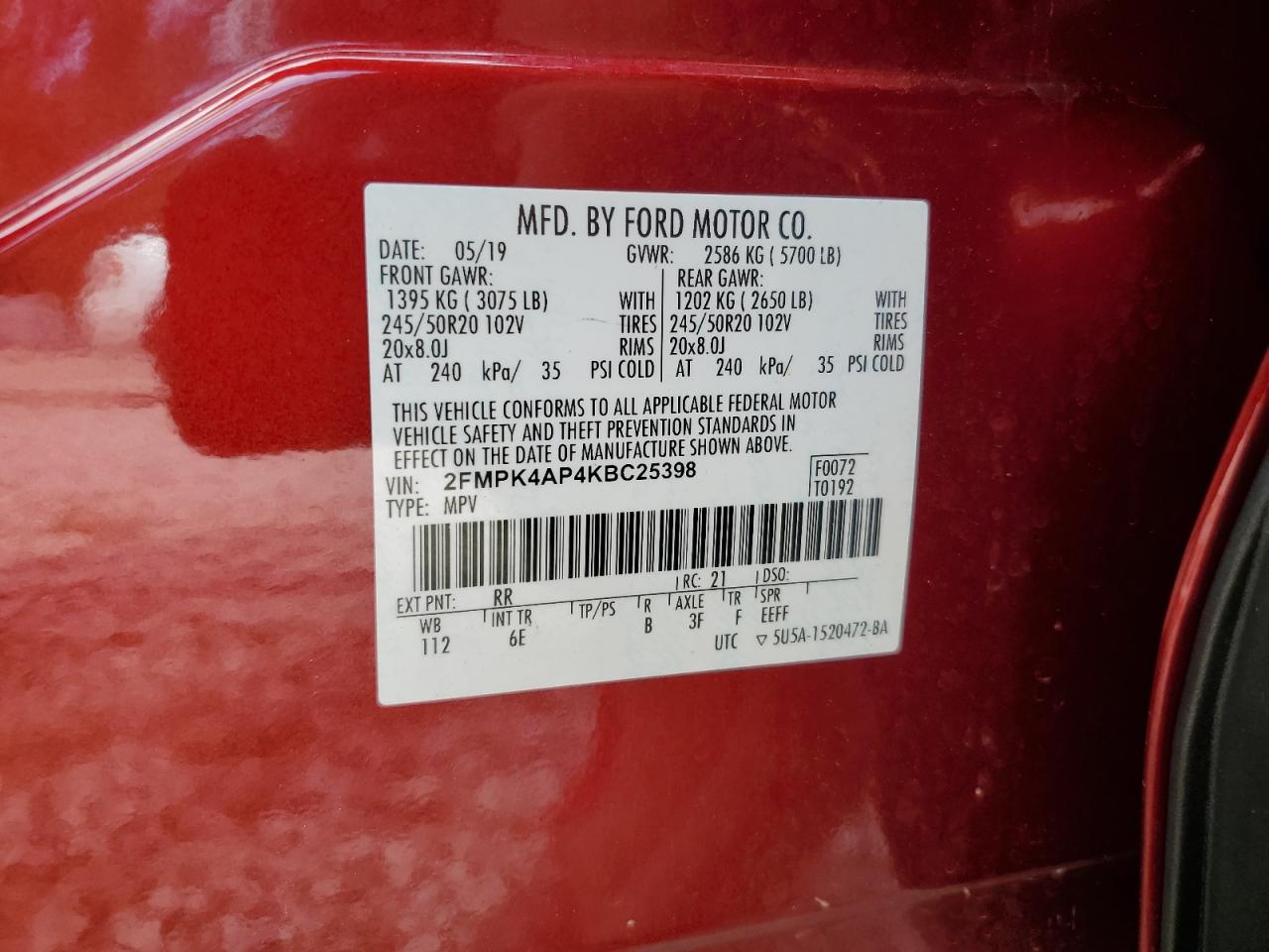 2019 Ford Edge St VIN: 2FMPK4AP4KBC25398 Lot: 66890994