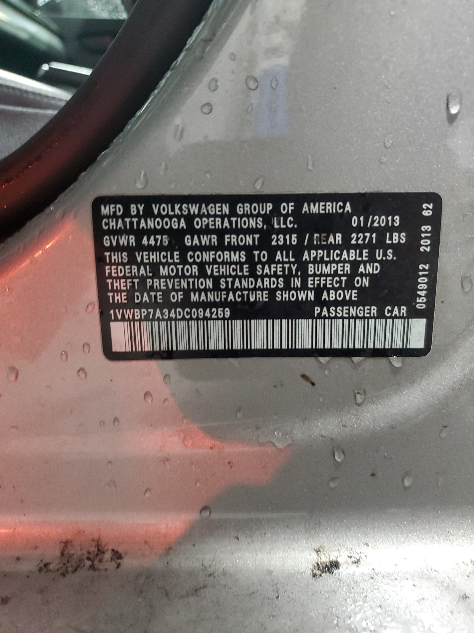 1VWBP7A34DC094259 2013 Volkswagen Passat Se