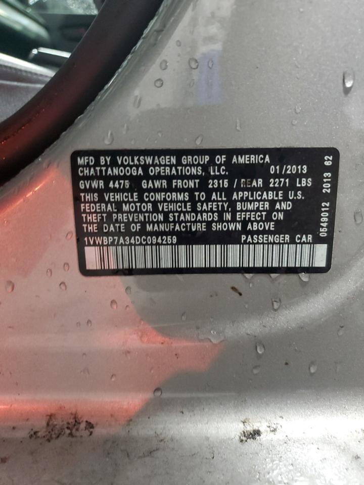 2013 Volkswagen Passat Se VIN: 1VWBP7A34DC094259 Lot: 66090314