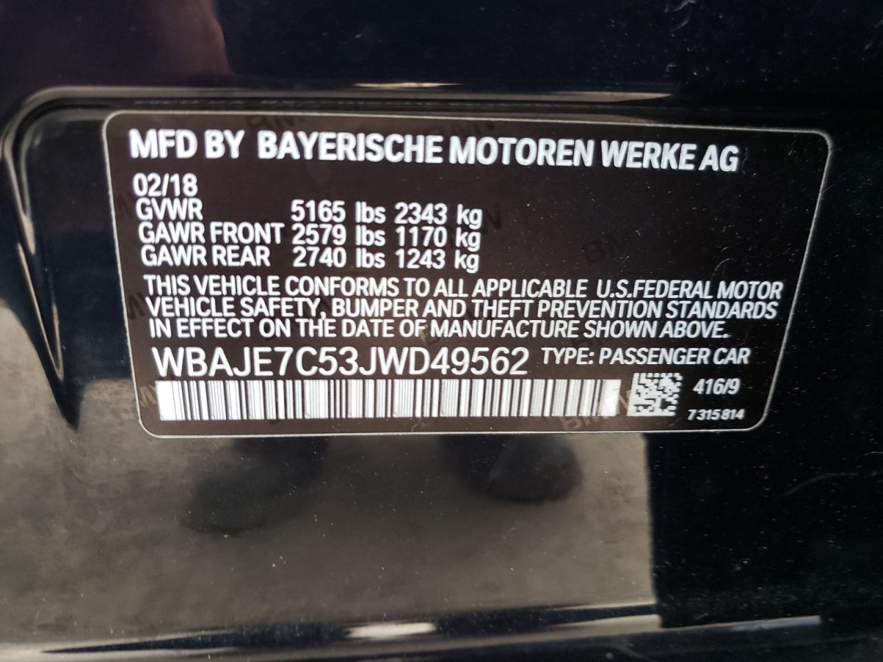 2018 BMW 540 Xi VIN: WBAJE7C53JWD49562 Lot: 68061984