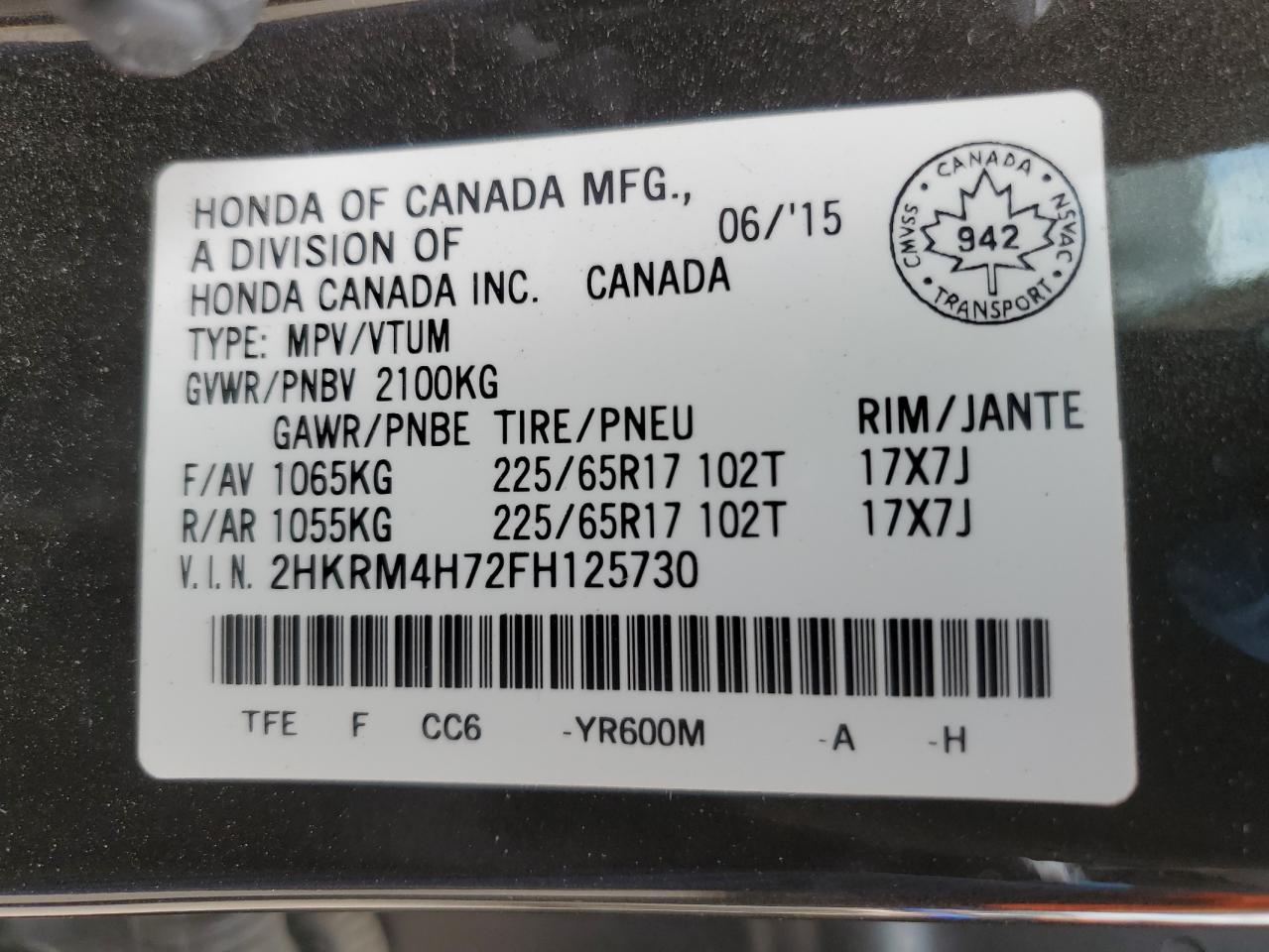 2015 Honda Cr-V Exl VIN: 2HKRM4H72FH125730 Lot: 67047364