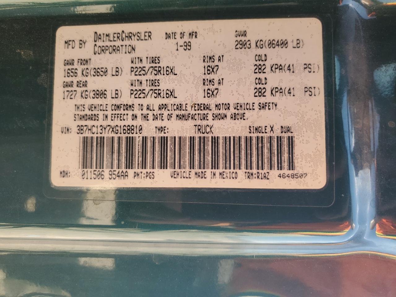 1999 Dodge Ram 1500 VIN: 3B7HC13Y7XG168810 Lot: 66562644