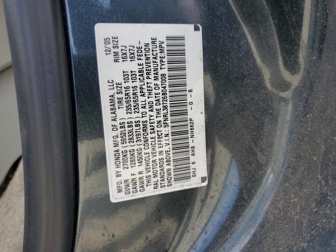 5FNRL38726B047008 2006 Honda Odyssey Exl