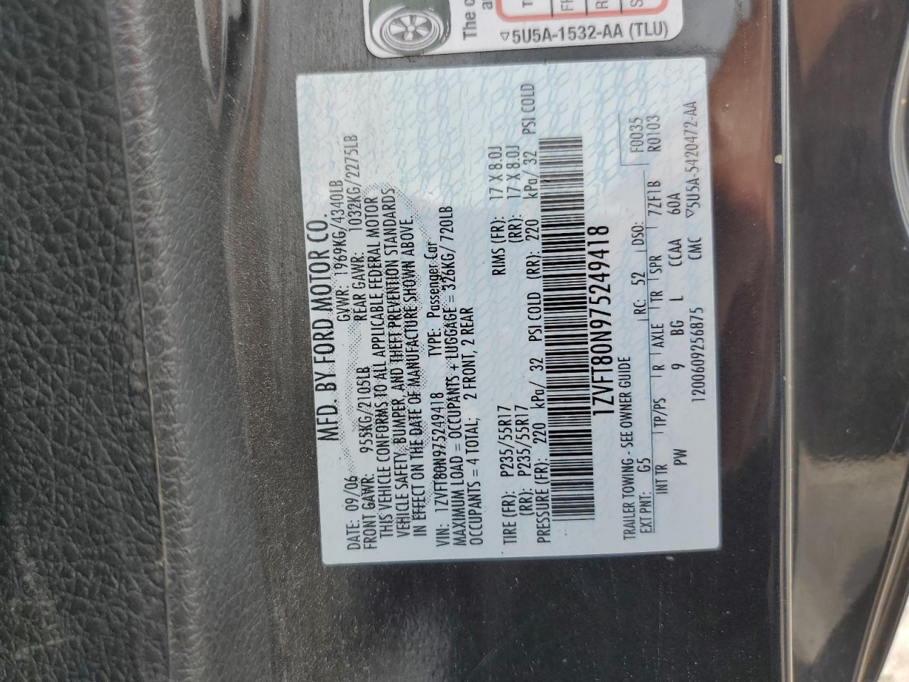 2007 Ford Mustang VIN: 1ZVFT80N975249418 Lot: 66667164