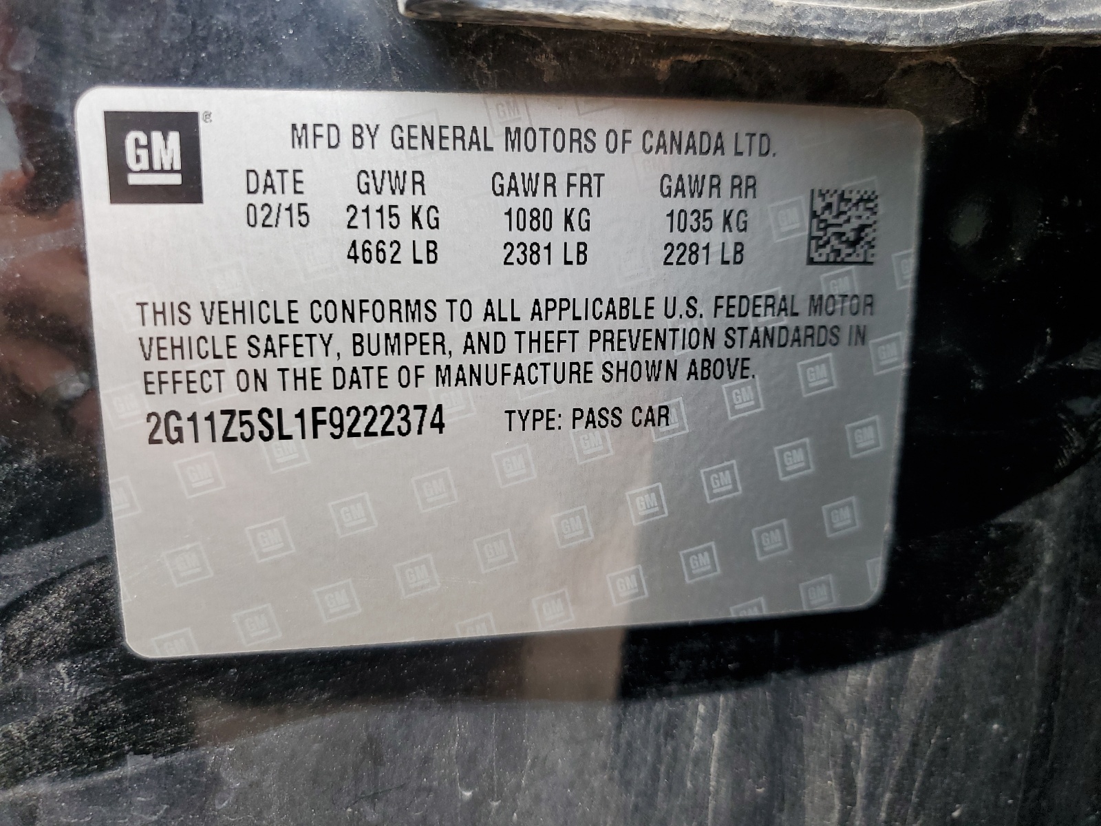 2G11Z5SL1F9222374 2015 Chevrolet Impala Ls