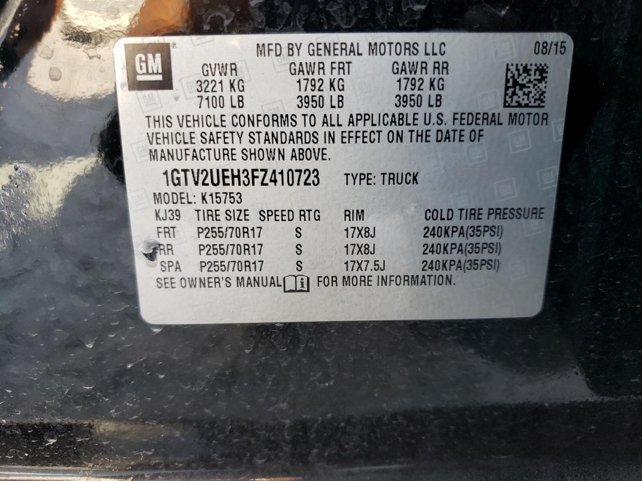 1GTV2UEH3FZ410723 2015 GMC Sierra K1500 Sle