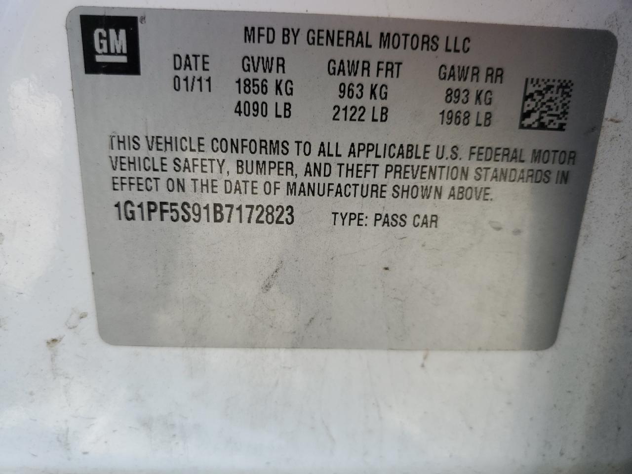2011 Chevrolet Cruze Lt VIN: 1G1PF5S91B7172823 Lot: 68566714