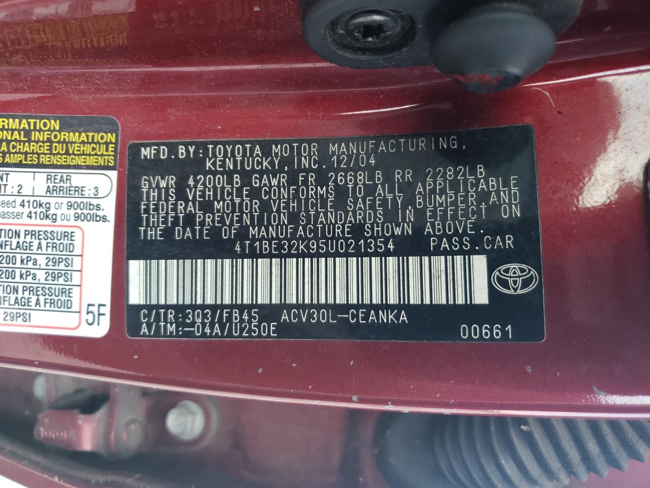 2005 Toyota Camry Le VIN: 4T1BE32K95U021354 Lot: 67519774