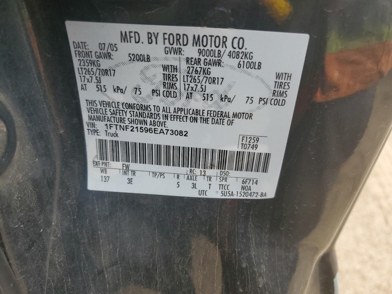 1FTNF21596EA73082 2006 Ford F250 Super Duty