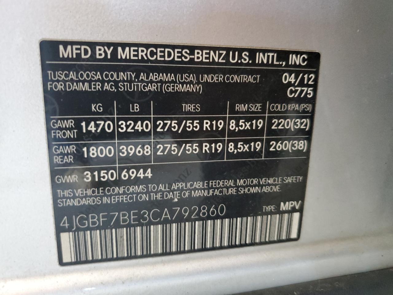 4JGBF7BE3CA792860 2012 Mercedes-Benz Gl 450 4Matic