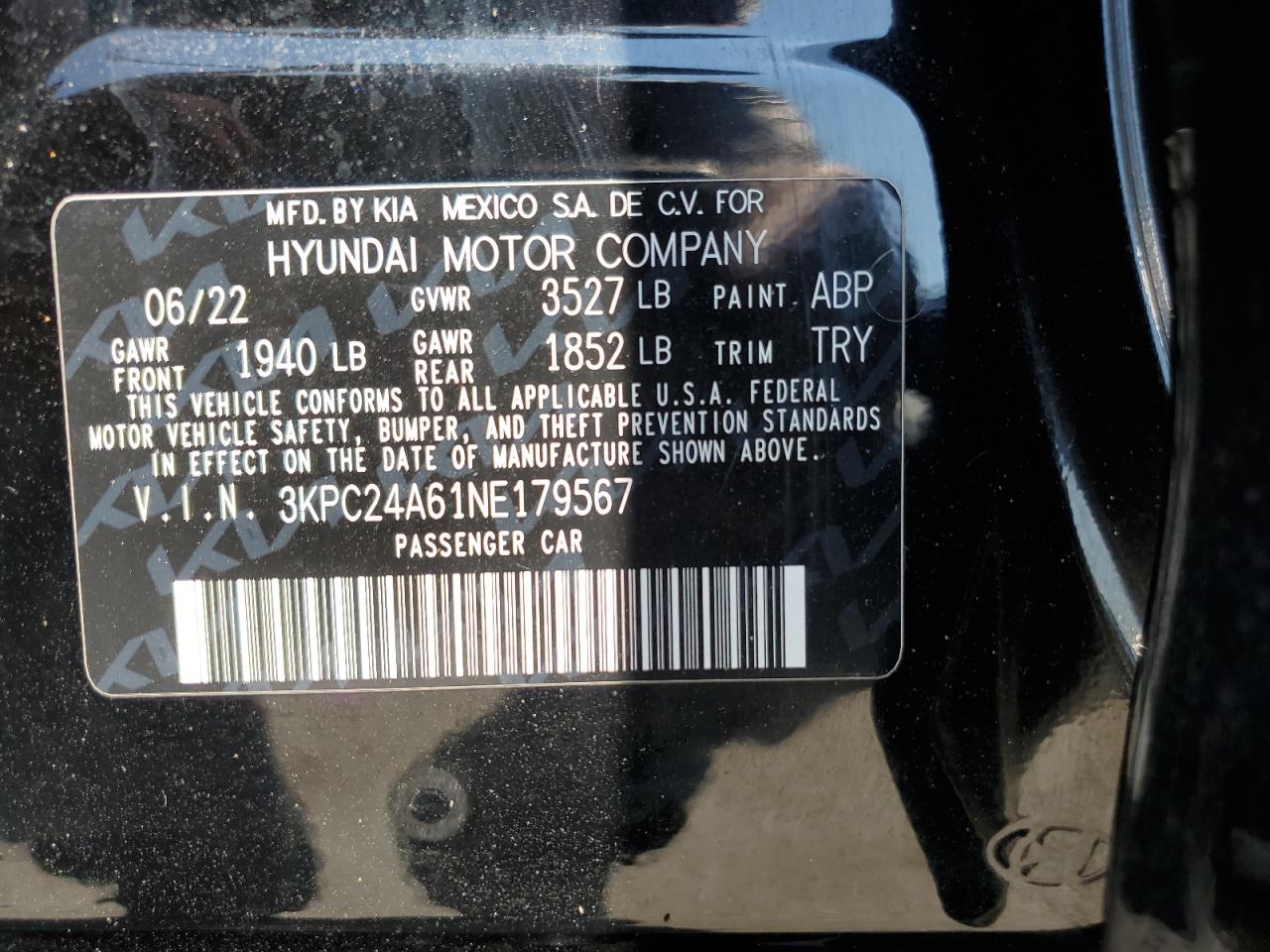 3KPC24A61NE179567 2022 Hyundai Accent Se