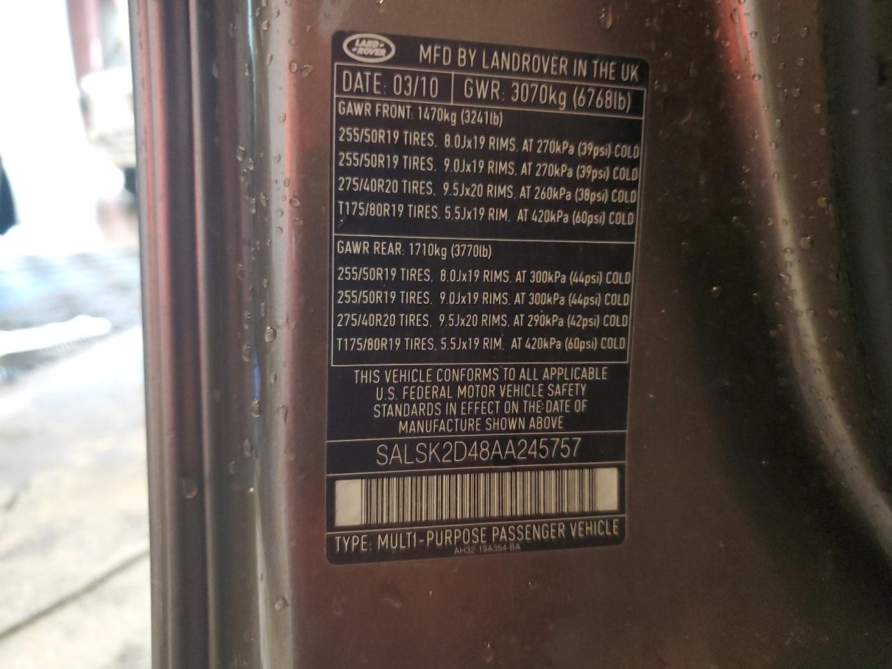 2010 Land Rover Range Rover Sport Lux VIN: SALSK2D48AA245757 Lot: 67684684