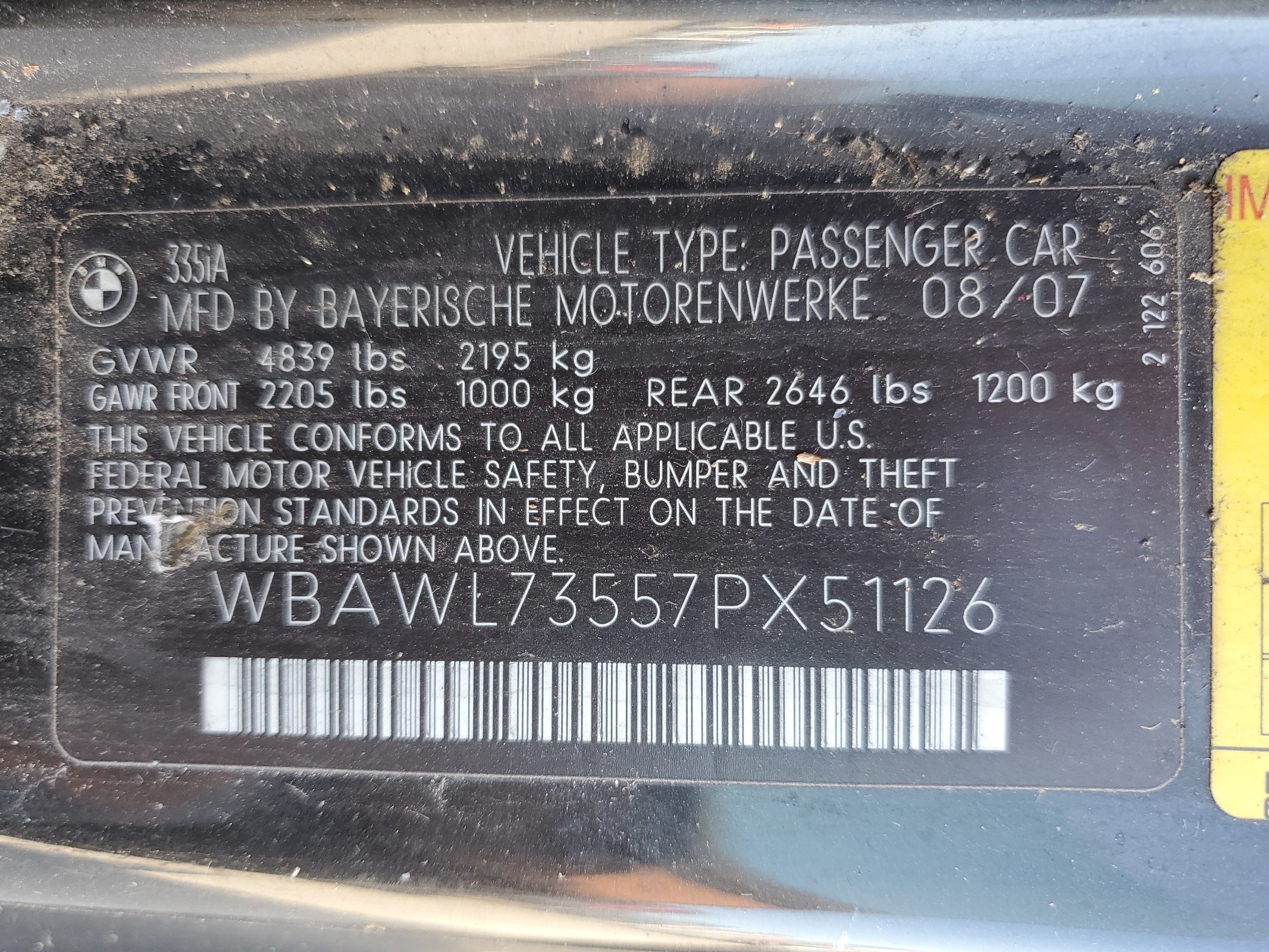 WBAWL73557PX51126 2007 BMW 335 I