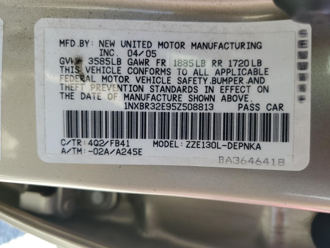 2005 Toyota Corolla Ce VIN: 1NXBR32E95Z508813 Lot: 67332124