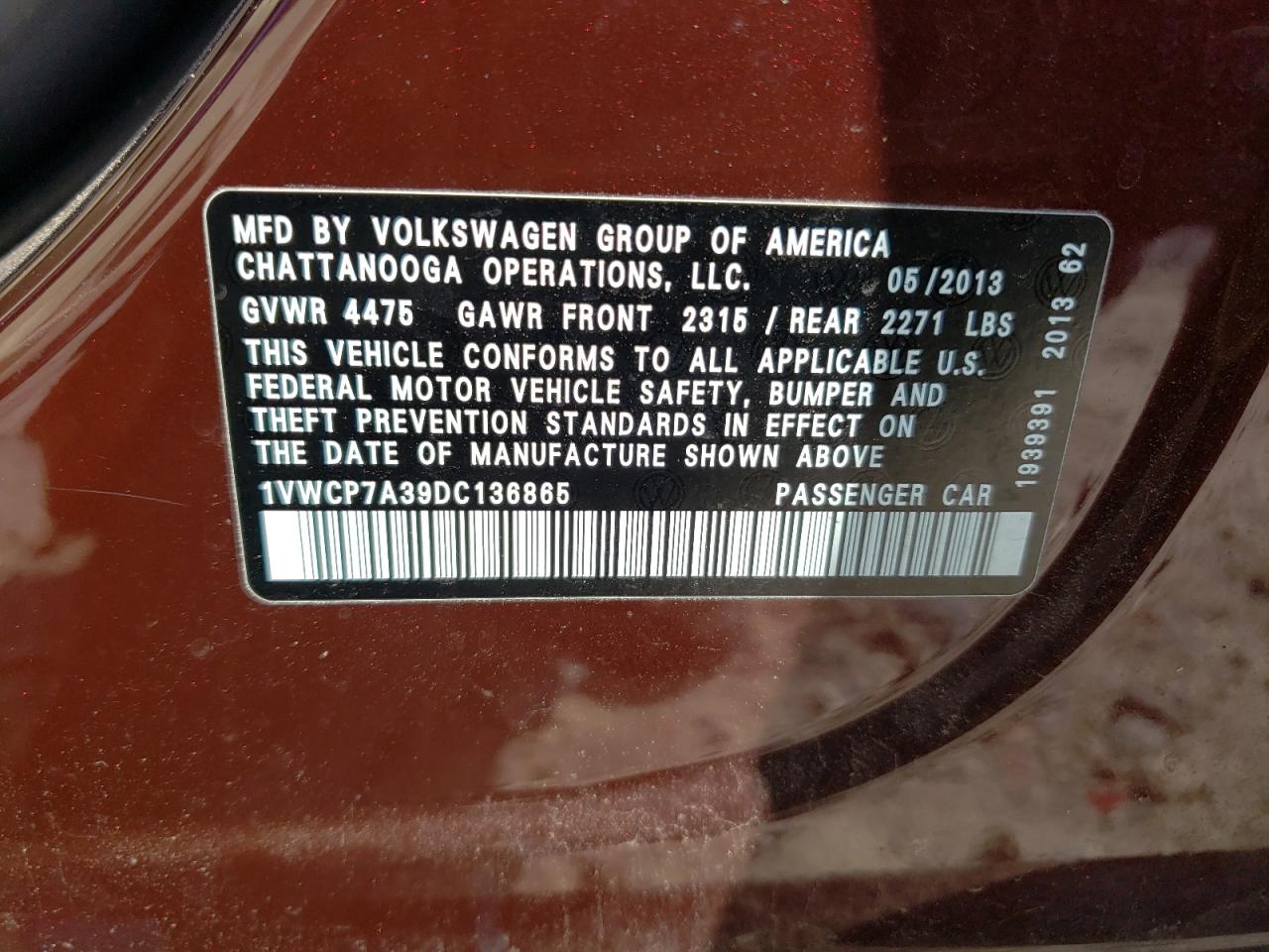 2013 Volkswagen Passat Sel VIN: 1VWCP7A39DC136865 Lot: 68029604