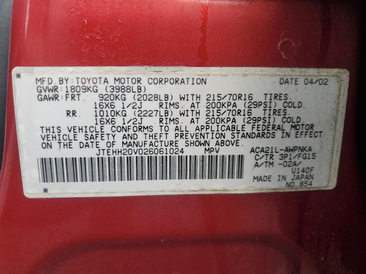 2002 Toyota Rav4 VIN: JTEHH20V026061024 Lot: 66871044