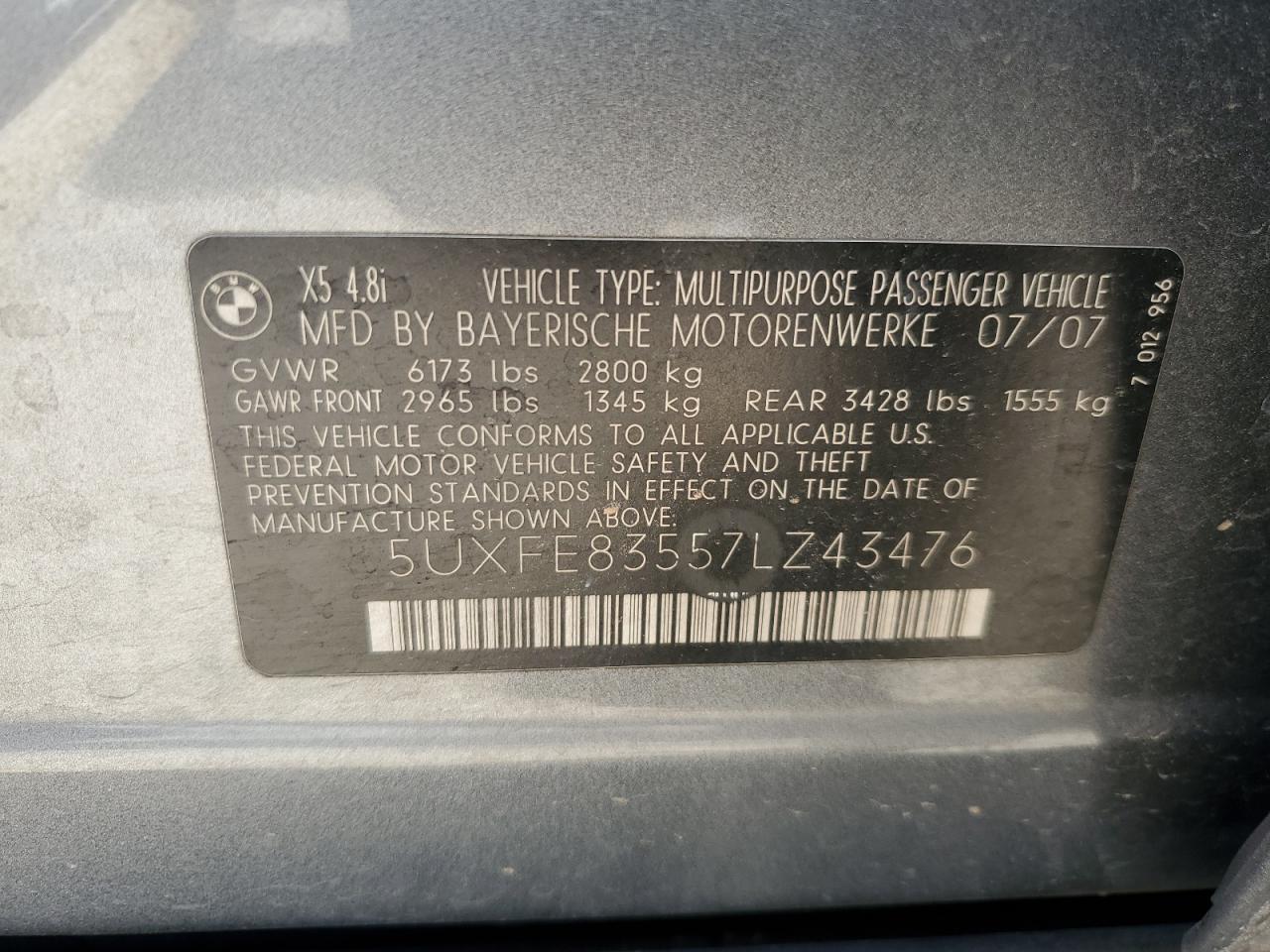 2007 BMW X5 4.8I VIN: 5UXFE83557LZ43476 Lot: 69030264